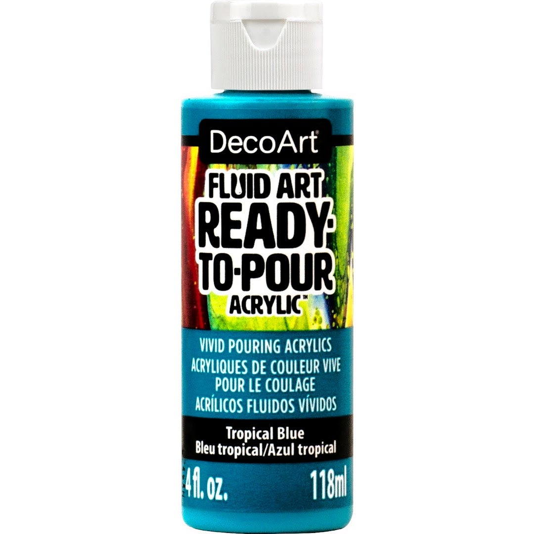 DecoArt Fluid Art Ready to Pour acrylics in 8 oz white bottle, ideal for creating vibrant fluid art paintings.