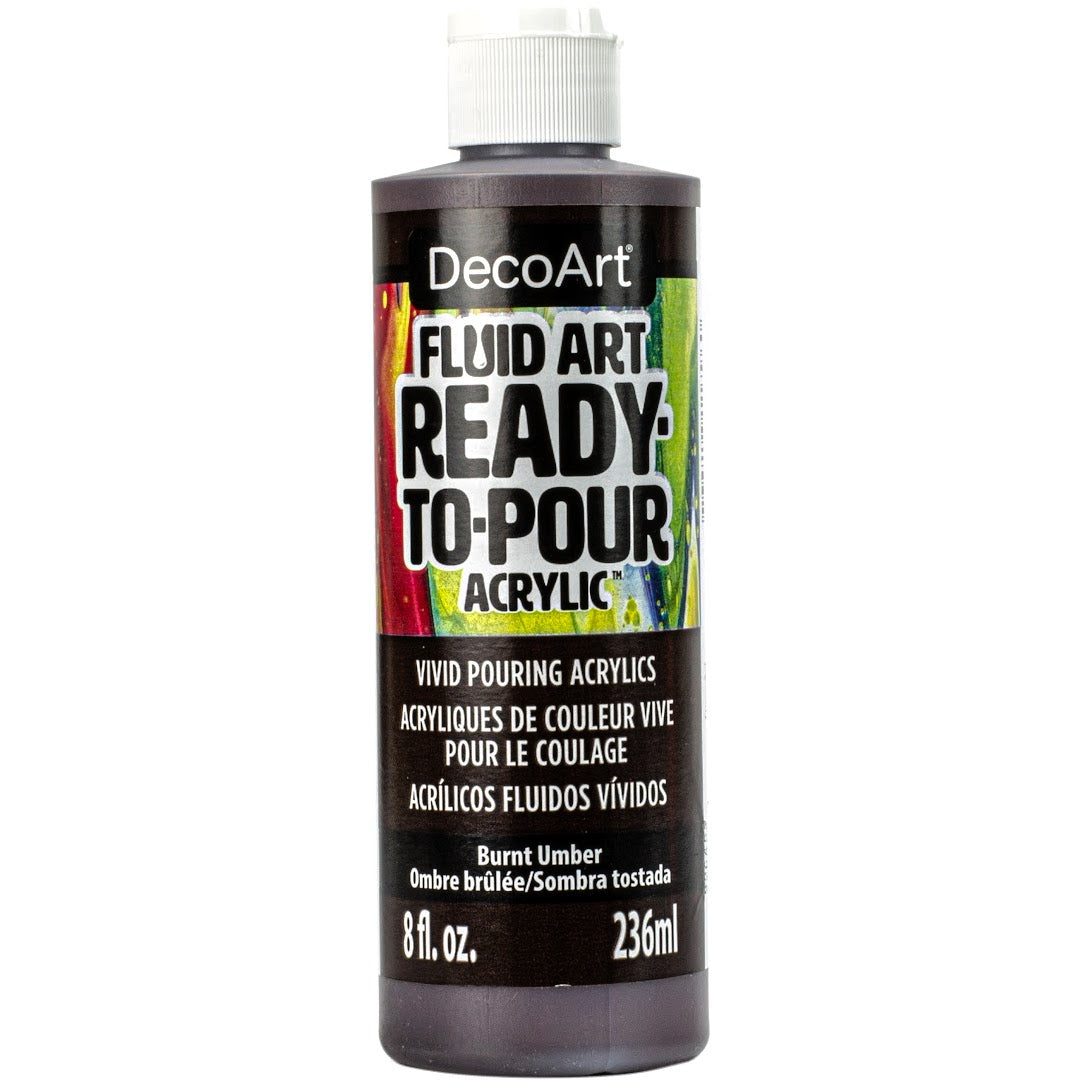 DecoArt Fluid Art Ready to Pour Acrylics in white, 8 oz bottle, perfect for creating vibrant fluid art paintings.
