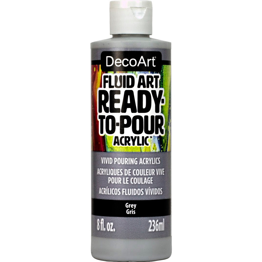DecoArt Fluid Art Ready to Pour Acrylics in white, 8 oz bottle, ideal for vibrant acrylic pour painting techniques.
