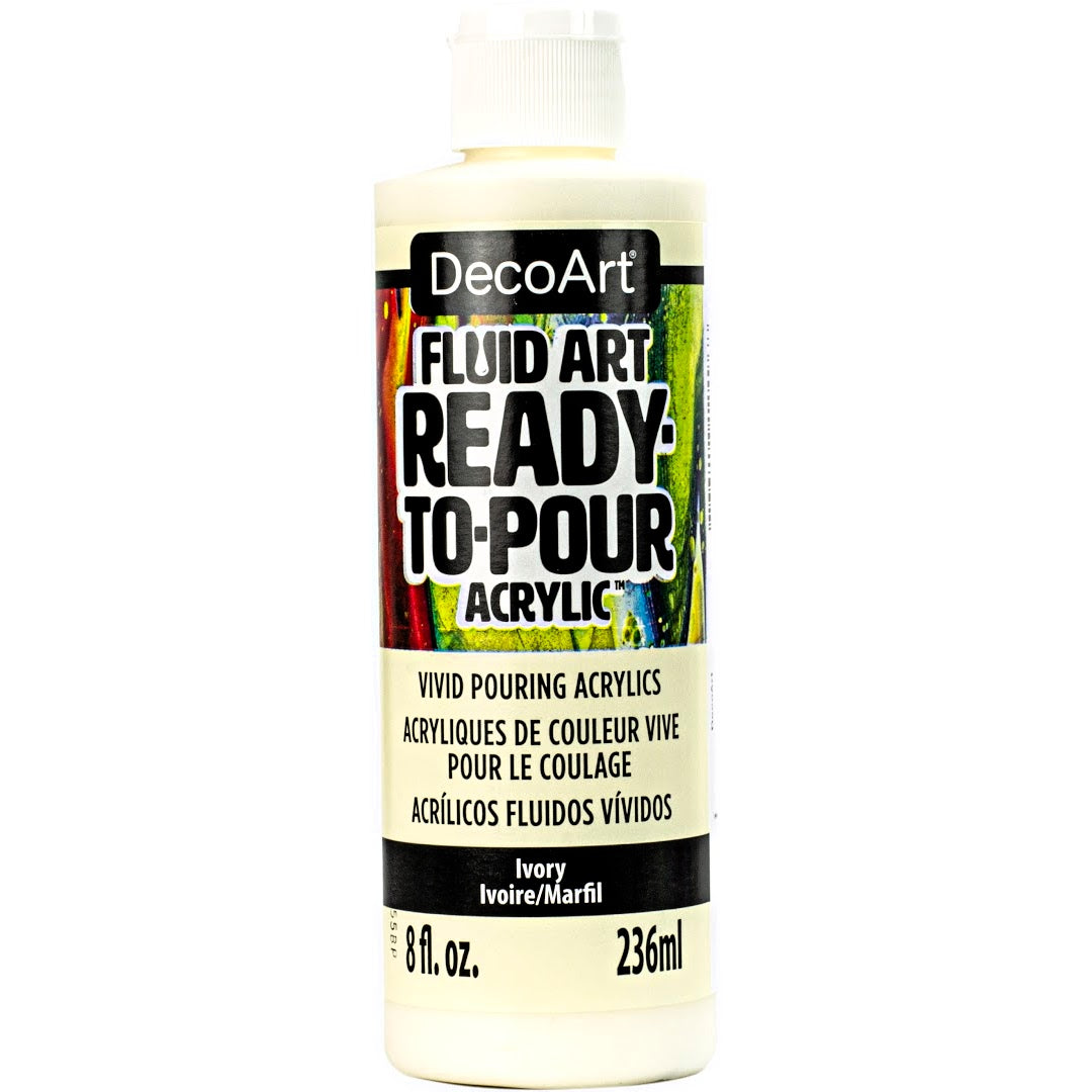 DecoArt Fluid Art Ready to Pour acrylics in white, 8 oz bottle, designed for vibrant fluid art and acrylic pouring projects.