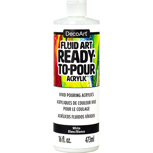 DecoArt Fluid Art Ready to Pour acrylics in white, 8 oz bottle, ideal for creating vibrant fluid art paintings.