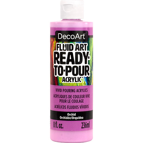 DecoArt Fluid Art Ready to Pour acrylics in white, 8 oz bottle, ideal for creating vibrant fluid art paintings.