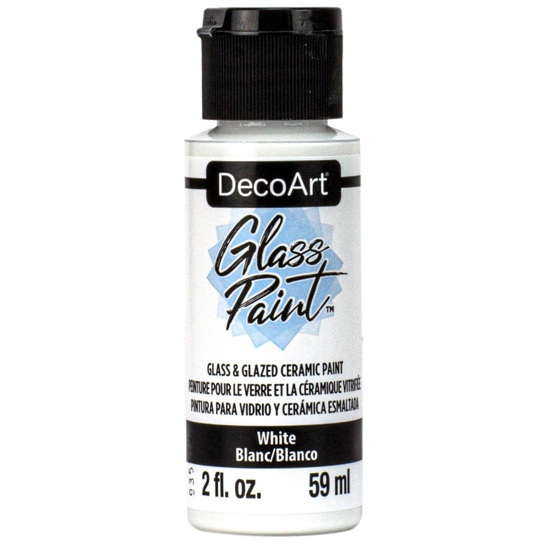 White DecoArt Glass Paint in a 2 oz bottle, ideal for decorating and customizing glass surfaces with vibrant, durable color.