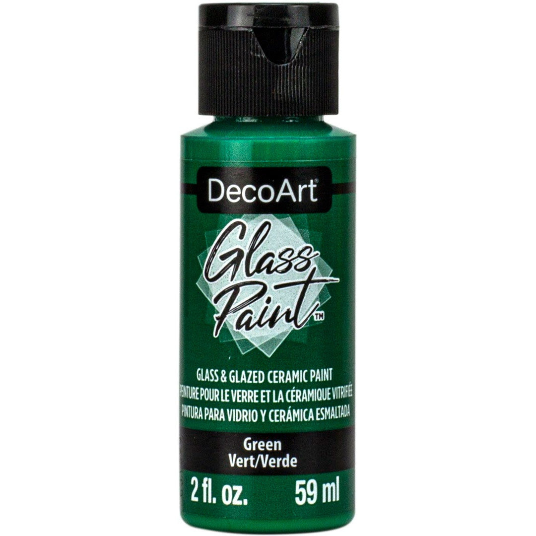 White DecoArt glass paint in a 2-ounce bottle, suitable for decorating and customizing glass surfaces with vibrant color.