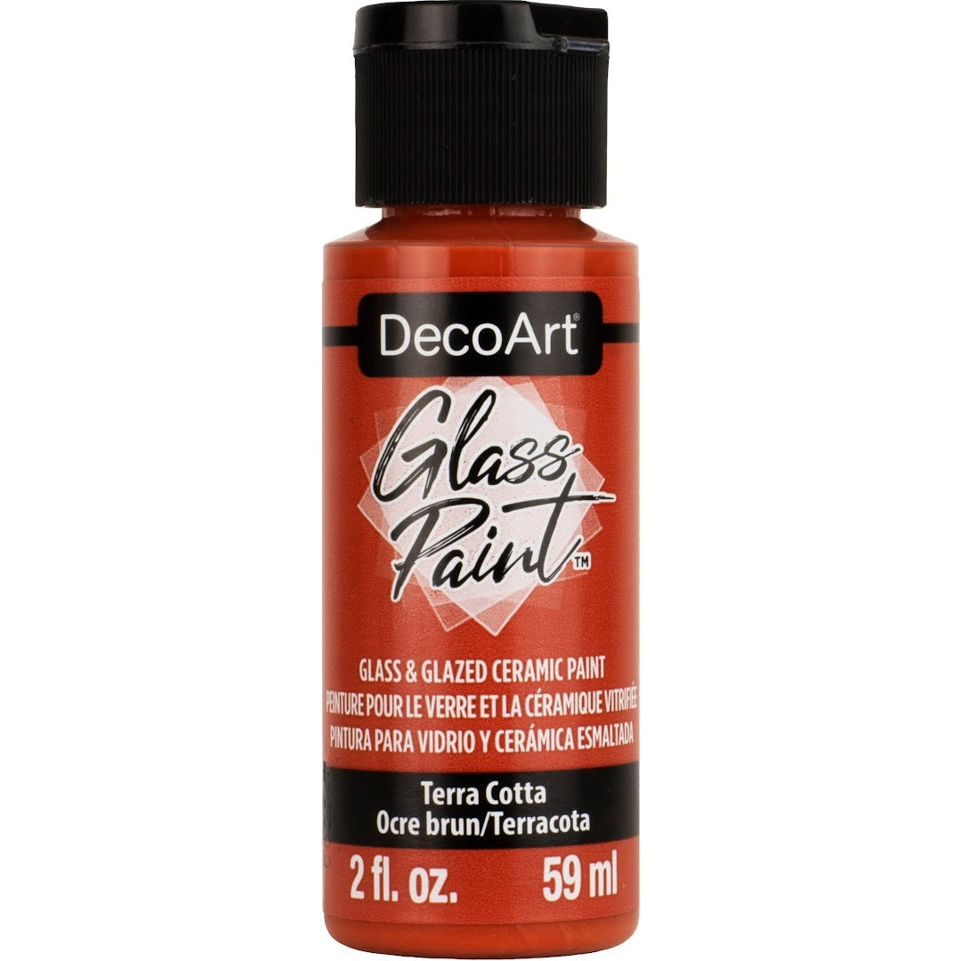 White DecoArt Glass Paint in a 2 oz bottle, suitable for decorating and customizing glass surfaces.