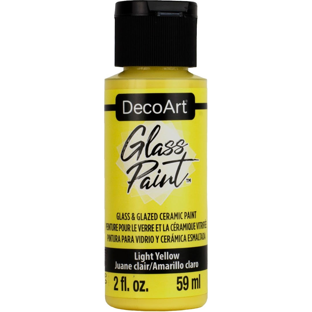 White DecoArt Glass Paint in 2 oz bottle, ideal for decorating and detailing glass surfaces with vibrant, durable color.