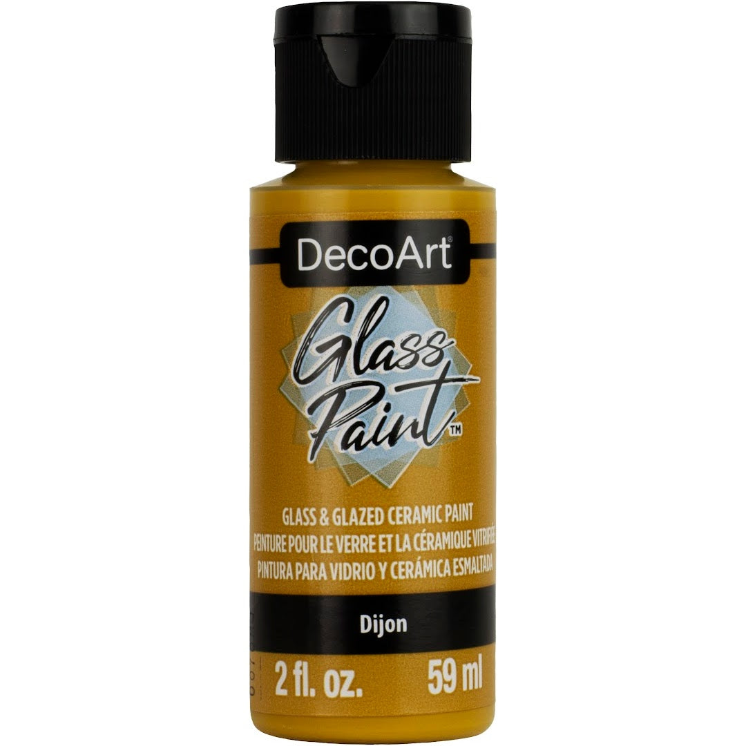 White DecoArt Glass Paint in a 2 oz bottle, designed for vibrant, durable glass decorating projects.