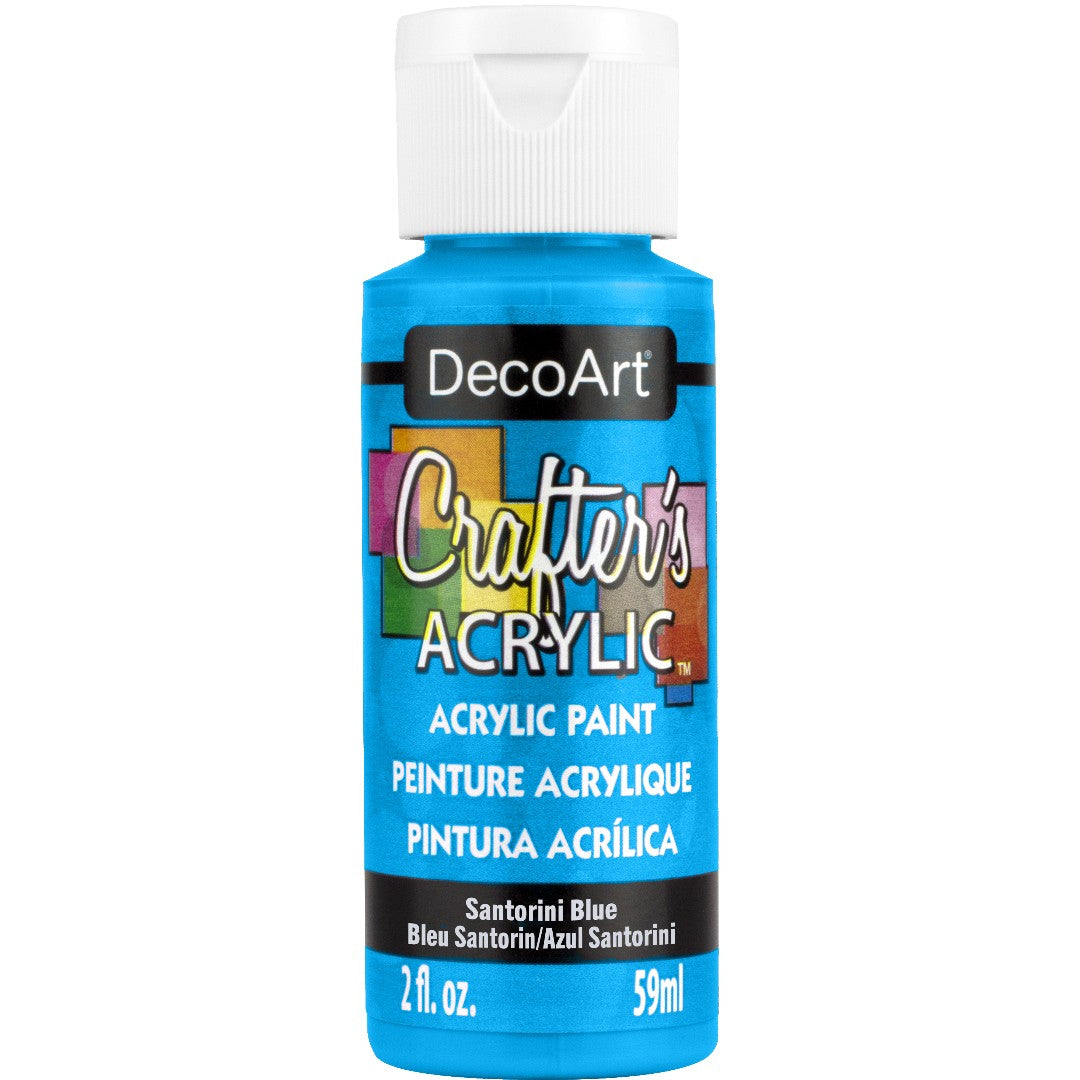 Santorini Blue Crafter’s Acrylic paint tube by DecoArt with vibrant blue color and label visible.