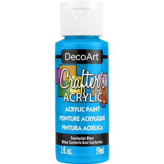 Santorini Blue Crafter’s Acrylic paint tube by DecoArt with vibrant blue color and label visible.